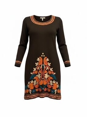 Brown Embroidered Midi Dress with Orange & Teal Accents